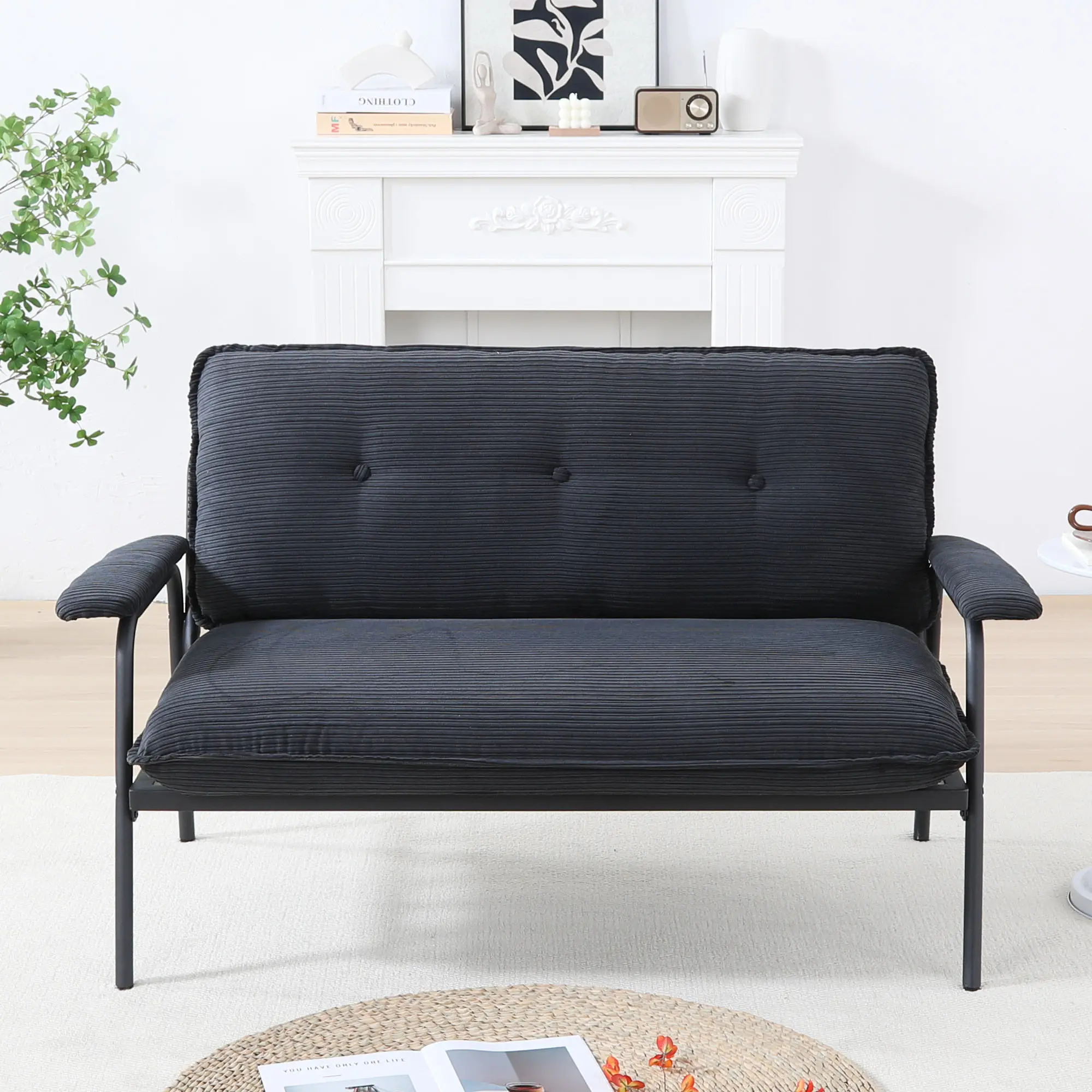 2-Seat Corduroy Sofa Couch with Black Metal Frame, 53 Inch Compact Loveseat for Small Apartments, Living Room, Home Office, Bedroom, Easy to Move, Modern Style