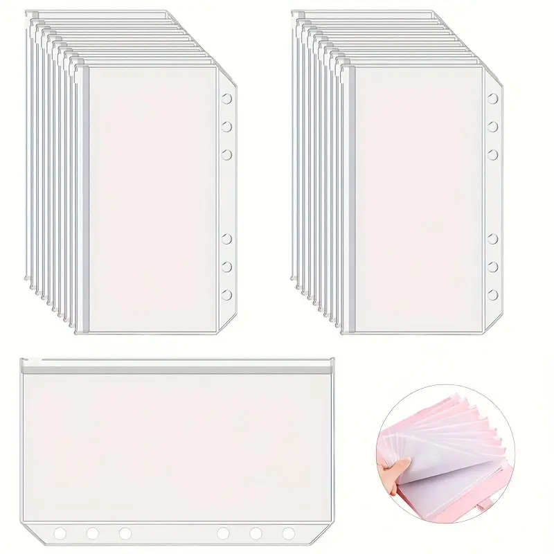 [A6 Binder Pockets] A6 Size 6-Hole Transparent Zipper Binder Pockets | Waterproof PVC File Bag for Budgeting, Office Accessories, Plastic Budget Cash Envelope Binder Bag Suitable for 6-Ring Binder