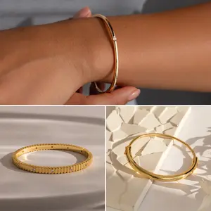 Everyday Bangle Set by Caitlyn Minimalist - Set of 3: Skinny Diamond Bangle, Hinged Bangle, & Ribbed Diamond Bangle - Minimalist Bracelet Set - Gift for Her