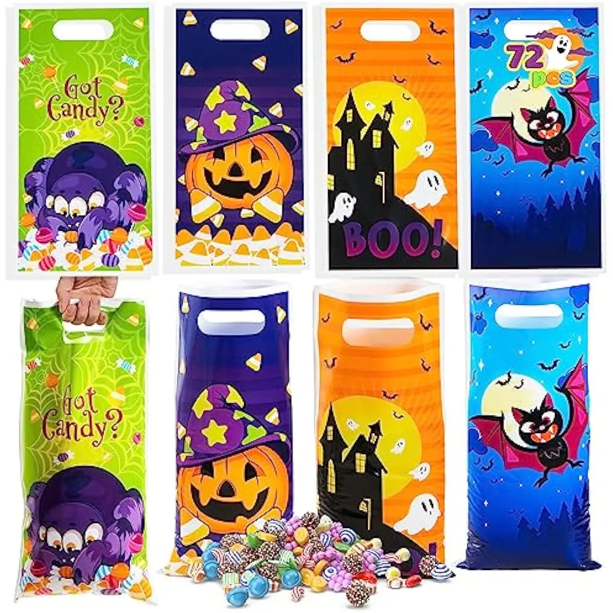 72 PCS Halloween Trick or Treat Bags, Halloween Goodie Candy Bags, Goody Gift Bag, 4 Designs Plastic Snack Bag Bulk for Kids Trick or Treating, Classroom Party Favors, Event Party Supplies