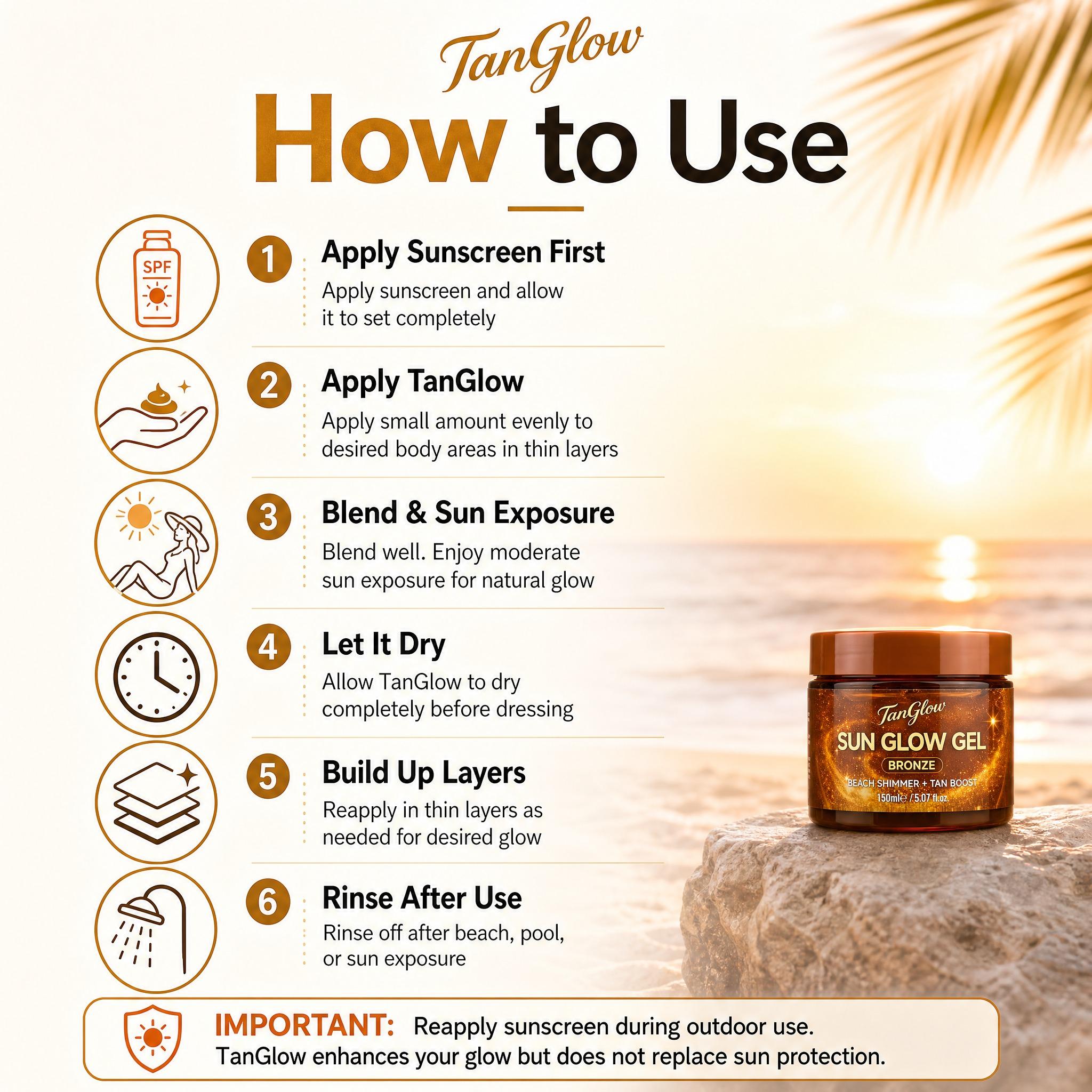 TanGlow Sun Glow Tanning Gel, Tanning Accelerator& Golden Shimmer for Outdoor Sun Tanning, with Coconut Oil, Carrot Seed Oil, Vitamin E & Jojoba Oil, 150ml