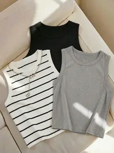 Women's Short Sleeveless Striped Tank Top Set, Fitted Knit Shirt, Breathable Soft Basic Tee, Casual Streetwear Layering Piece, Casual Flattering Sleeveless, Breathable Summer Top