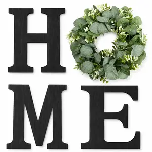 Farmhouse Wooden Home Sign with Artificial Eucalyptus Wreath, Black Wood Letters H M E O Wall Decor for Living Room Kitchen Entryway, Rustic Vintage Housewarming Gift, 9.8 Inch Tall