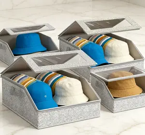 Reinforced Grey Fabric Hat Holder, Stackable Clear Top Cap Storage Box for Men Women