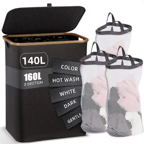 160L High-Capacity 3-Section Freestanding Clothes Basket, Household Storage Organiser with Lid + Handle, Sturdy Grab-and-Go Solution for Home Bedroom Laundry Room Use, With Handle