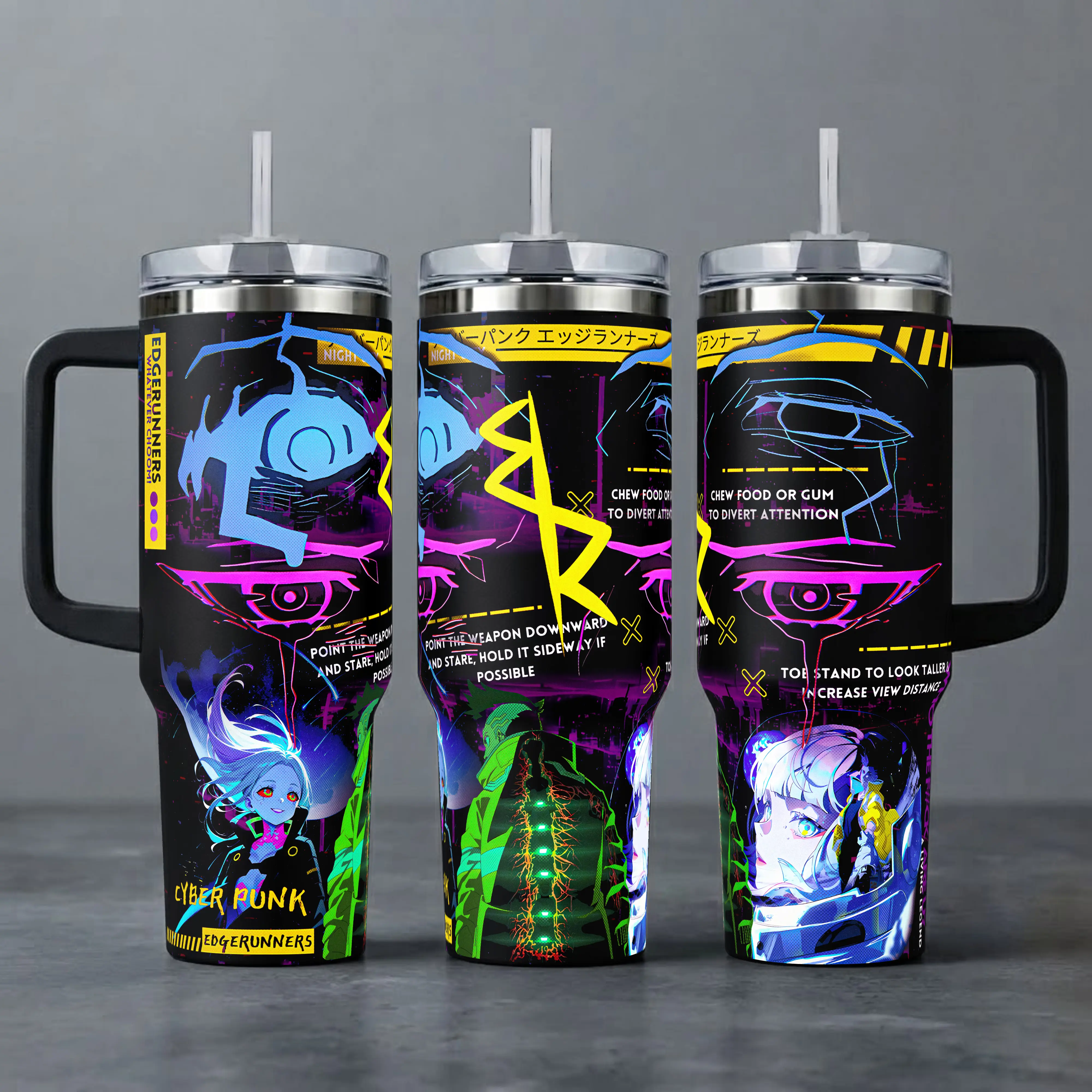 Cyberpunk Edgerunners Graphic Tumbler, David and Lucy Night City 40oz Cup with Handle, Sandevistan Neon 20oz Stainless Steel Travel Mug, Anime Fan Gift, Edgerunners Inspired Insulated Tumbler Featuring Epic Glitch Art Design.