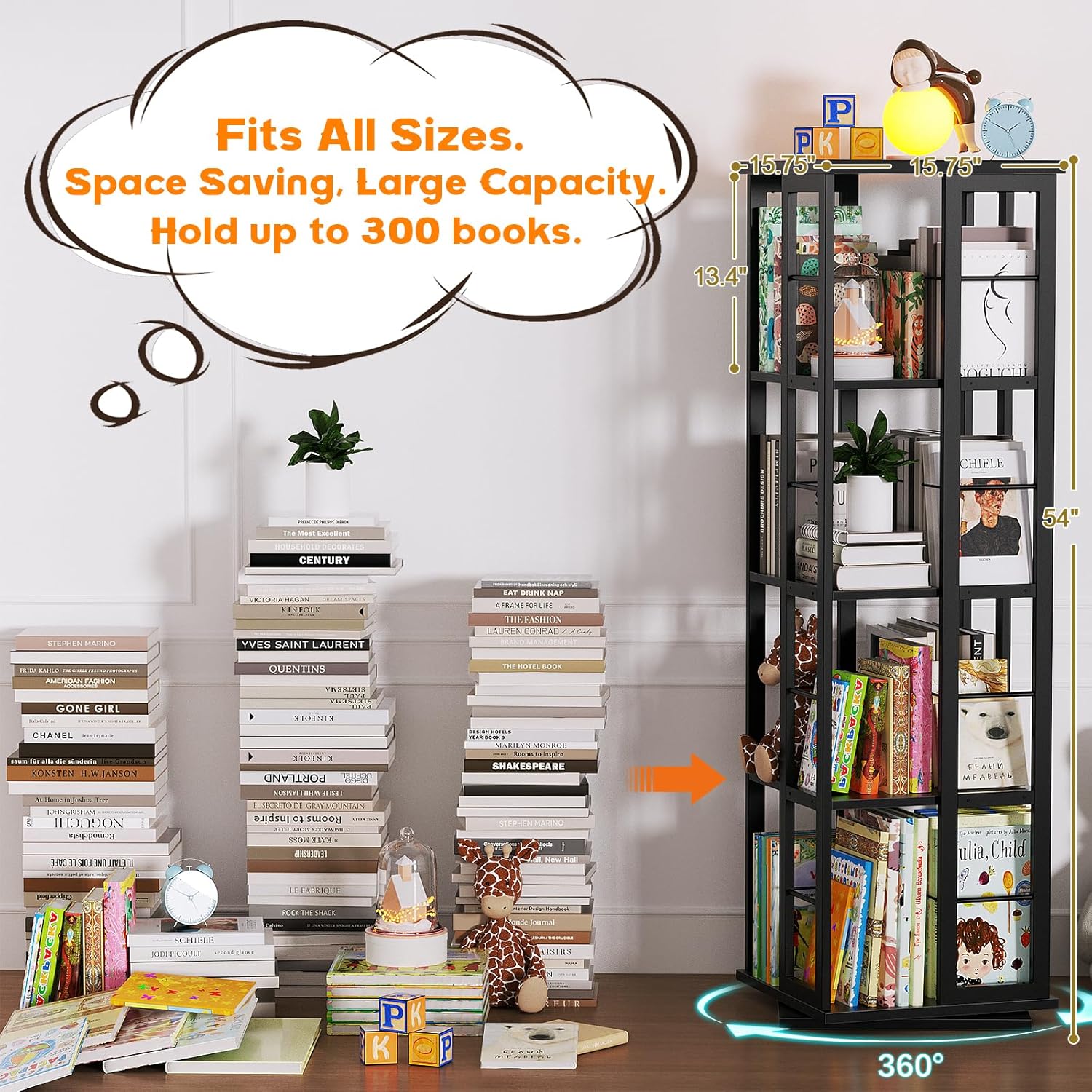 Unikito Wooden 360° Rotating Bookshelf, 4-Tier Solid Spinning Bookcase with 16 Compartments, Space-Saving Design for Living Room, Bedroom, Office