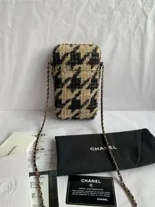 Pre-owned CHANEL Limited Edition Black Beige Houndstooth Tweed Phone Chain Bag 28 Series 98% New Full Set