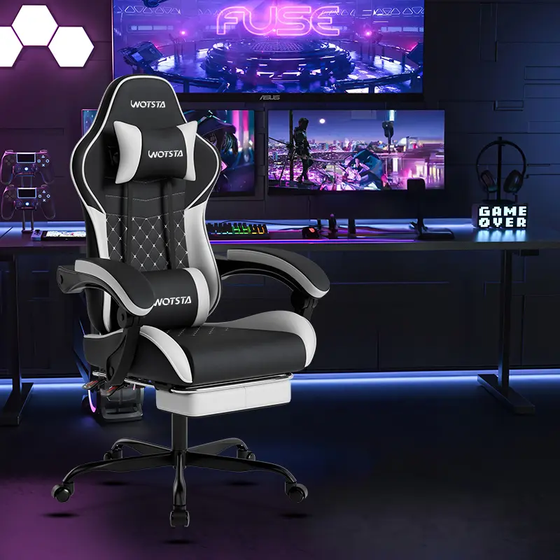 WOTSTA  indoor Chairs Game desk Chair,Ergonomic Computer with Footrest and Comfy PU Leather Recliner with Headrest and lumbar support, Fixed Up Armrest, Height Adjustable with 360° Swivel Office chair