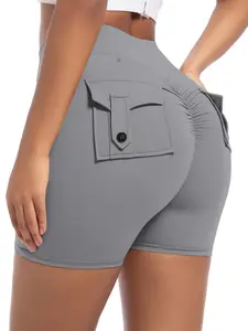 Grey Compression Biker Shorts with Button Pockets - High Waist, Tummy Control, Ultra Stretchy & Breathable
