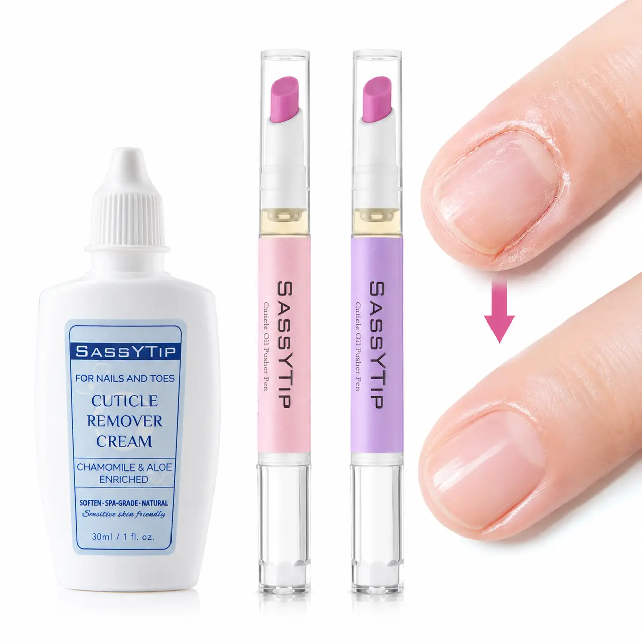 SASSYTIP Cuticle Pusher Pen & Cuticle Remover Cream vegan formula-Elegant Design for Gentle Cuticle Removal - Ideal for Daily Use