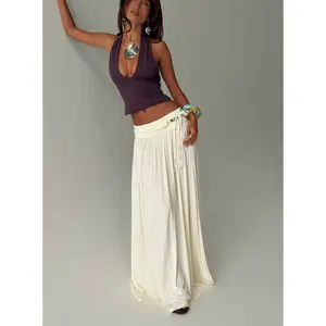 Velvet Storm Tie Detail Flowy Maxi Skirt Cream