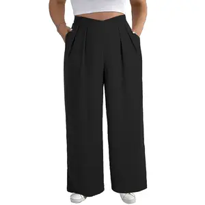 Eytino Womens Plus Size Wide Leg Pants Crossover Waist Pleated Front Casual Work Pants Lounge Trouser with Pockets(1X-5X)