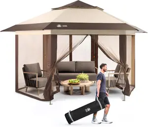 CROWN SHADES 13x13 Pop Up Gazebo with Mosquito Nettings, Patented CENTERLOK 6-Sided Portable Gazebo, 300D Silver-Coated Fabric UV Resistant, Pop Up Canopy Tent for Patio, Party, Red&Grey
