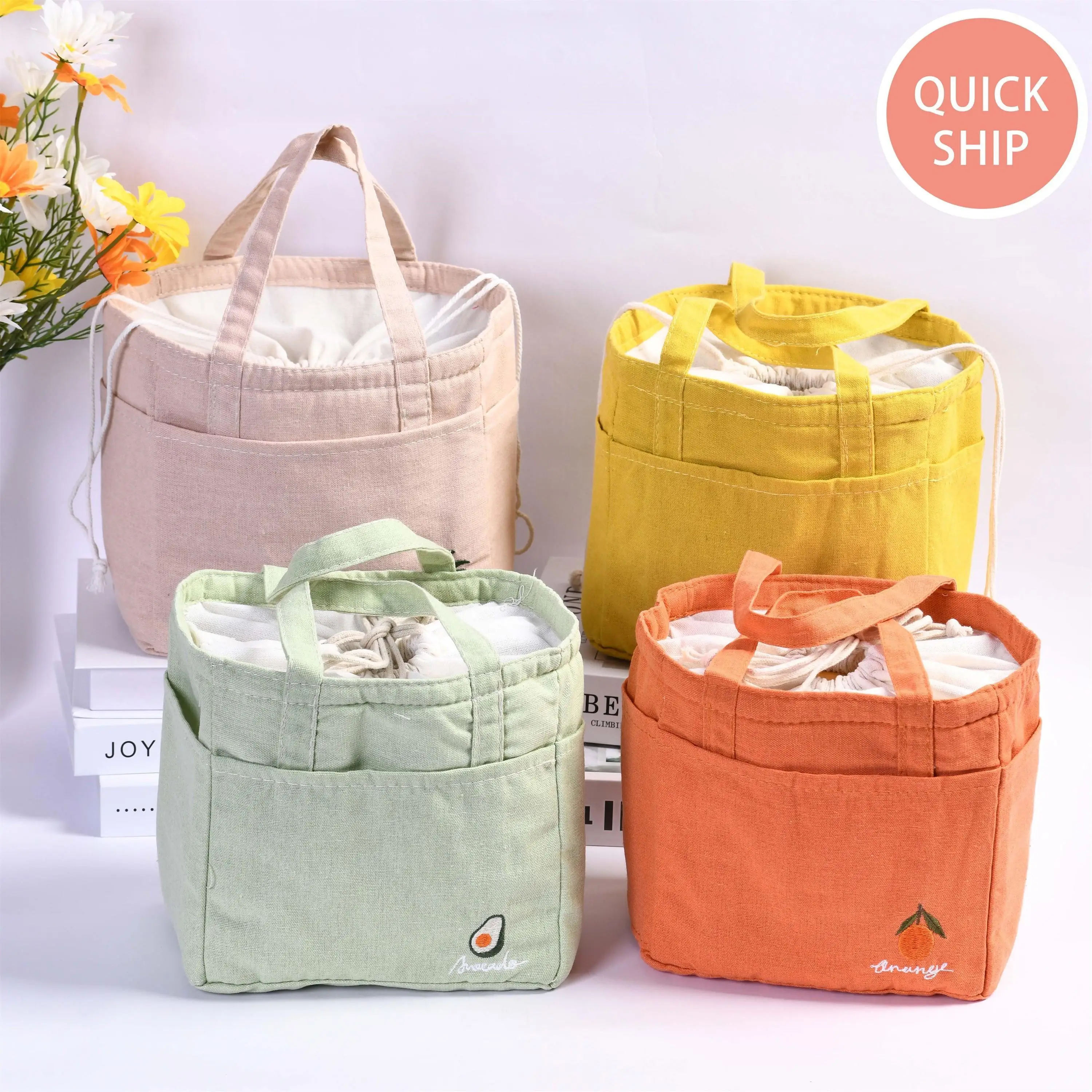 Orange/Avocado/Lemon/Peach Insulated Canvas Lunch Bag, Totes With Pockets, Drawstring Keep Warm,Back to School,Birthday/Summer/Beach Gifts