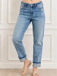 Judy Blue Mid Rise Bleach Splattered Cuffed Boyfriend Jeans 88519, Stretchy Cotton Comfort Fit Denim Womenswear Bottom