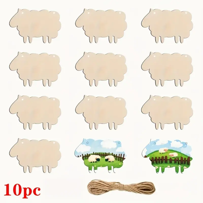 10 Piece Wooden Sheep Decorations, Cute Cartoon Style Hanging Ornaments with Strings, Perfect for DIY Crafts, Home Decoration, Festivals, Weddings