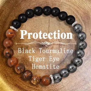Protection Bracelet Black Tourmaline & Tiger's Eye & Hematite Healing Crystal Bead Gorgeous Beads Stone Gemstone Jewelry Energy Healing Love Girlfriend Boyfriend Souvenir Valentine Father Mother  Anniversary New Year Christmas Halloween Birthday Gift