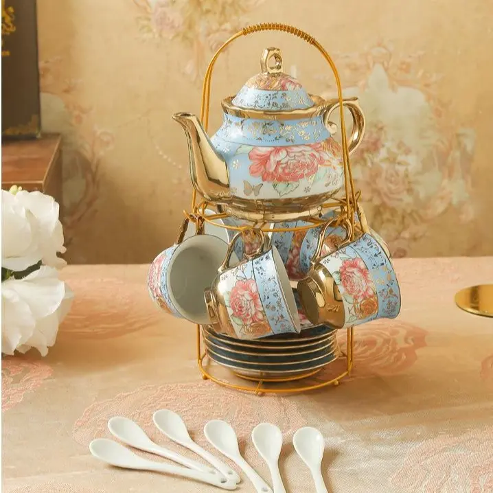 Elegant Floral Tea Set with Gold Accents and Matching Cups and Saucers, 20-Pieces Porcelain Tea Set for Adults, European Ceramic Tea Set Flower Ceramic Tea Cups, Teapot, & Saucers with Metal Holder for Women Tea Party