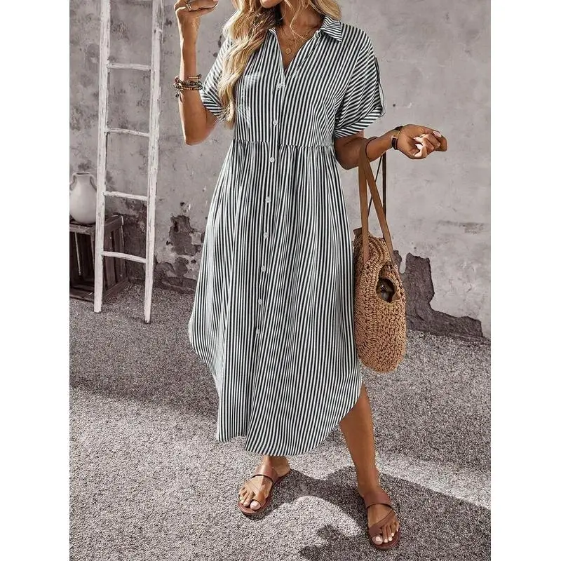 Women's Black and White Striped Smock Shirt Dress - Roll-Tab Short-Sleeve, Waist Tie, Button-Detailed Modest Casual Dress for Spring Summer Picnic Outfits, Shortsleeve, Print
