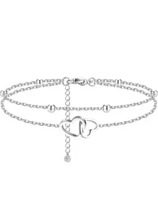 Stainless Steel Anklet for Women & Teenagers, Heart Pendant Design, Multi-Layer Adjustable, Casual All-Season Accessory