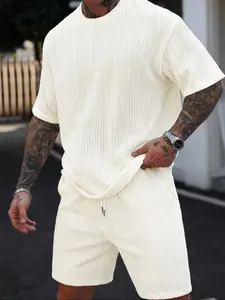Men's Solid Raglan Sleeve Tee & Drawstring Waist Shorts Sportswear Set, Casual Round Neck T-shirt & Track Shorts, Summer Solid Color Sportswear Set for Men, Clothes, Athletic Activewear Tracksuits, Sports Outfits