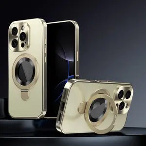 Metal Magnetic Stand Full Coverage Anti-Drop Phone Case for iPhone 16 Pro Max 15 14 13 12, Durable Protective Cover, Stylish Design, Accessories, Phone Protector