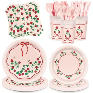168pcs Strawberry Paper Plates Napkins Disposable Paper Cups Strawberry Tableware Set for Wedding Birthday Party Supplies Serve 24 Guests