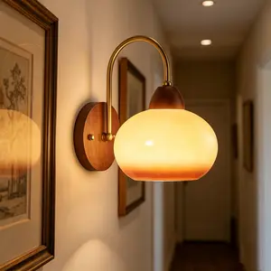 Mid-Century Wood & Glass Wall Light, Gradient Amber Glass Shade Wall Sconce, E27 Bulb Compatible Wall Lamp, Warm Ambient Lighting Fixture for Bedroom, Hallway, Living Room Decor