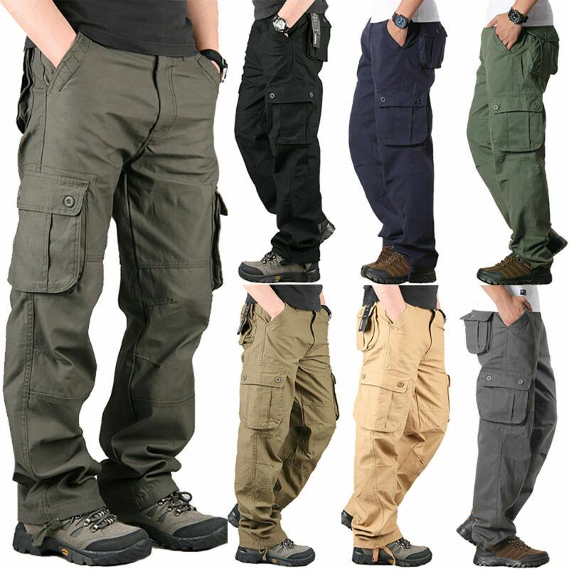Men's 6-pocket overalls, new casual loose work pants with adjustable waist elastic, men's sports tactical casual pants