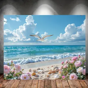 Sea Blue Sky, White Clouds and Seagulls Polyester Backdrop - 1pc Festive Party Banner for Birthday Decor, Home Wall Art, Available in 150x100cm, 150x130cm & Multiple Sizes