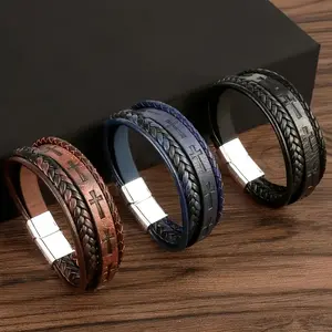 [MANA] Men's Vintage-Inspired Cross Pattern Faux Leather Bracelet Handmade Braided Casual Style Wristwear, Stylish Accessory | Braided Faux Leather Bracelet Daily Vacations, Party Wear, Jewelry, Holiday Gift