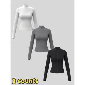 Women's Solid Zip Up Sports Jacket, Sporty Thumb Hole Long Sleeve Outerwear for Gym Workout Running, Ladies Sportswear for All Seasons, Sporty Breathable Outerwear, Modern and Comfortable