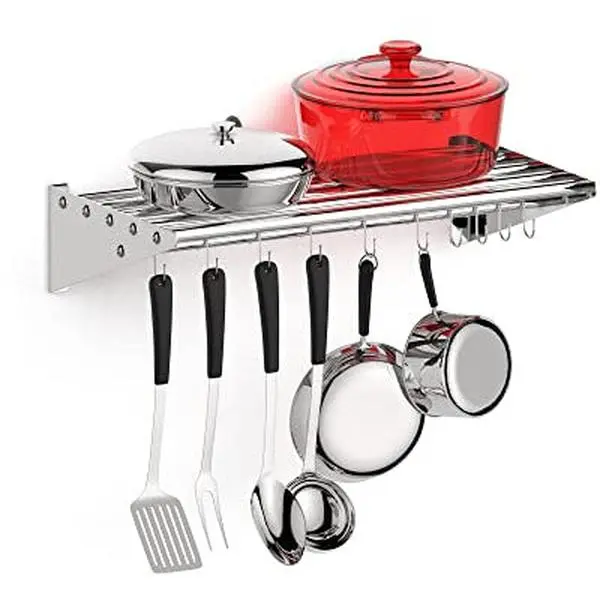GARVEE NSF Certified Stainless Steel Wall-Mount Hangable Organiser Rack - Kitchen Storage Shelf with 10 S Hooks, Steel Pipe Hardware, 12"x24",36",48",60" Sizes, 145 lbs Max Load for Home, Restaurant Organization