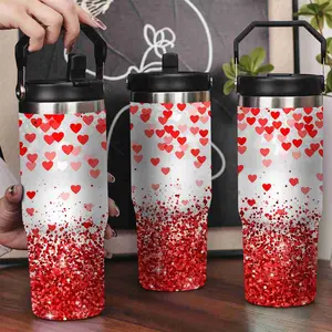 30oz Stainless Steel Insulated Tumbler with Leak-Proof Lid & Portable Handle - Red Glitter Heart Pattern, Long-Lasting Hot/Cold Insulation, Personalized Winter Tumbler for Her/His, new year gifts & Valentine gifts, wedding gift