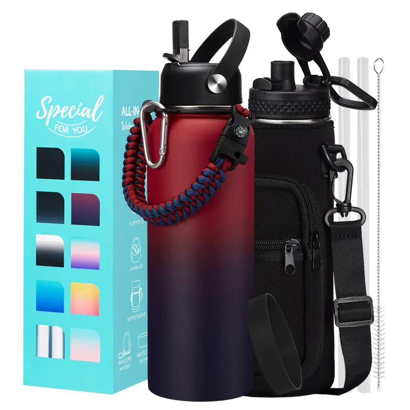 40 OZ Insulated Water Bottles with Straw Lid, Gallon Stainless Steel Water Bottle for Men Women, Wide Mouth Water Flask Sports Water Jug with Shoulder Carrier Bag, Paracord Handle, Straw & Spout Lids