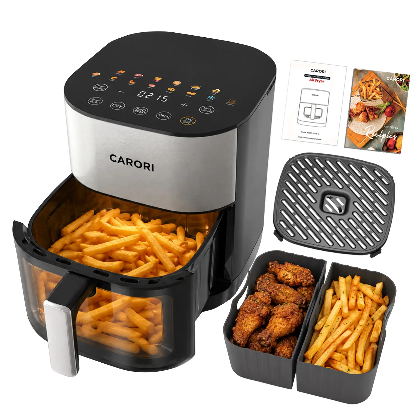 CARORI 6 Qt Family-Size Large Volume Rectangular Air Fryer - Dual Heating, Cooking Window, 14 Presets + DIY Mode, 2 Reusable Silicone Liners, Dishwasher-Safe Basket, Crisper Tray, Easy-Clean Kitchen Appliance