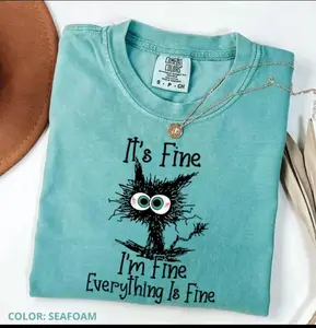 Comfort Colors It's Fine I'm Fine Everything Is Fine Shirt, Cute Black Cat Tee, Trendy Short Sleeve Shirts, Women Casual Cotton Fabric Womenswear