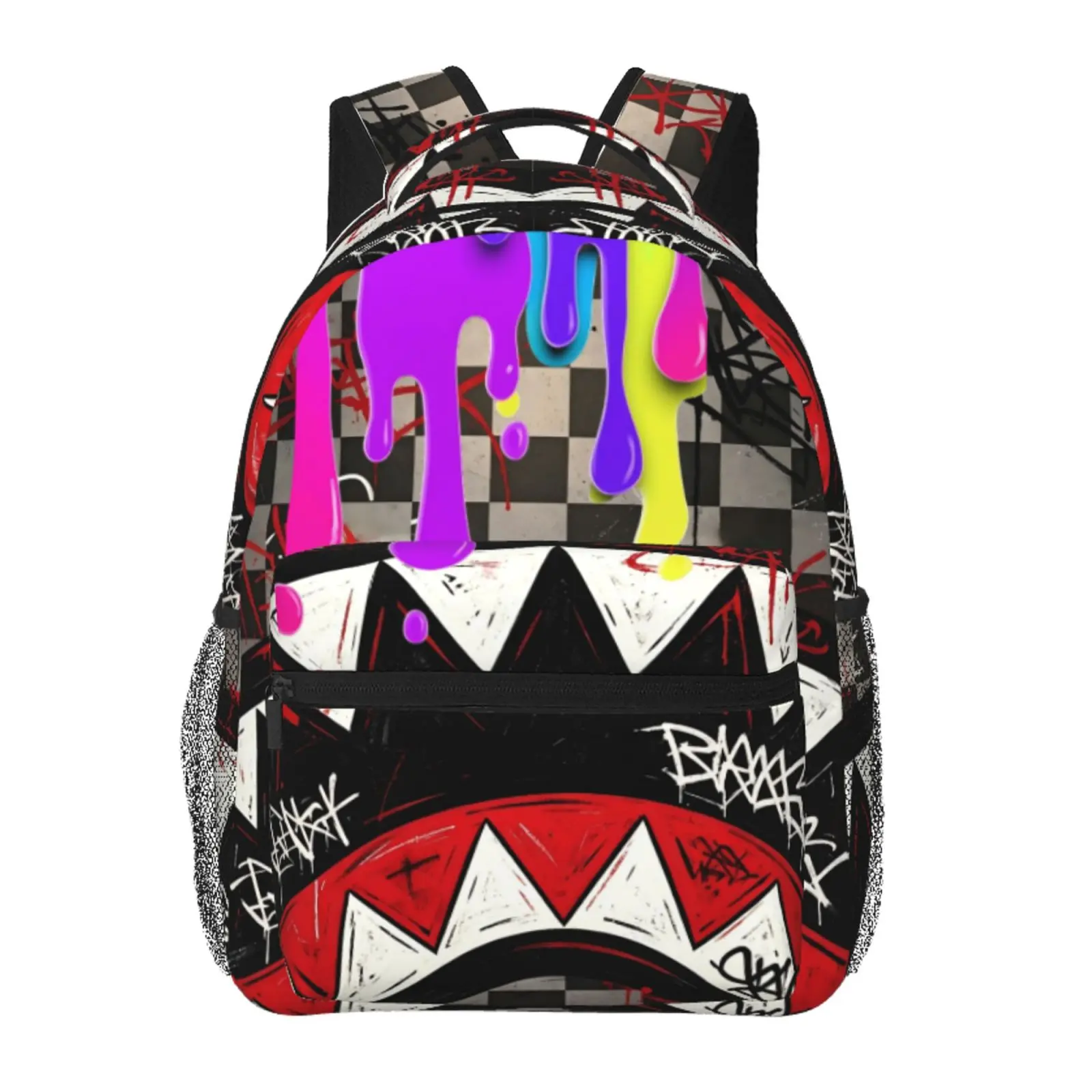SG Backpack – Rainbow Drip, Shark Teeth Graffiti, Checkered Laptop Bag; School & Commute; Y2K Cartoon Style; Cute Gift for Teen Girls and Students