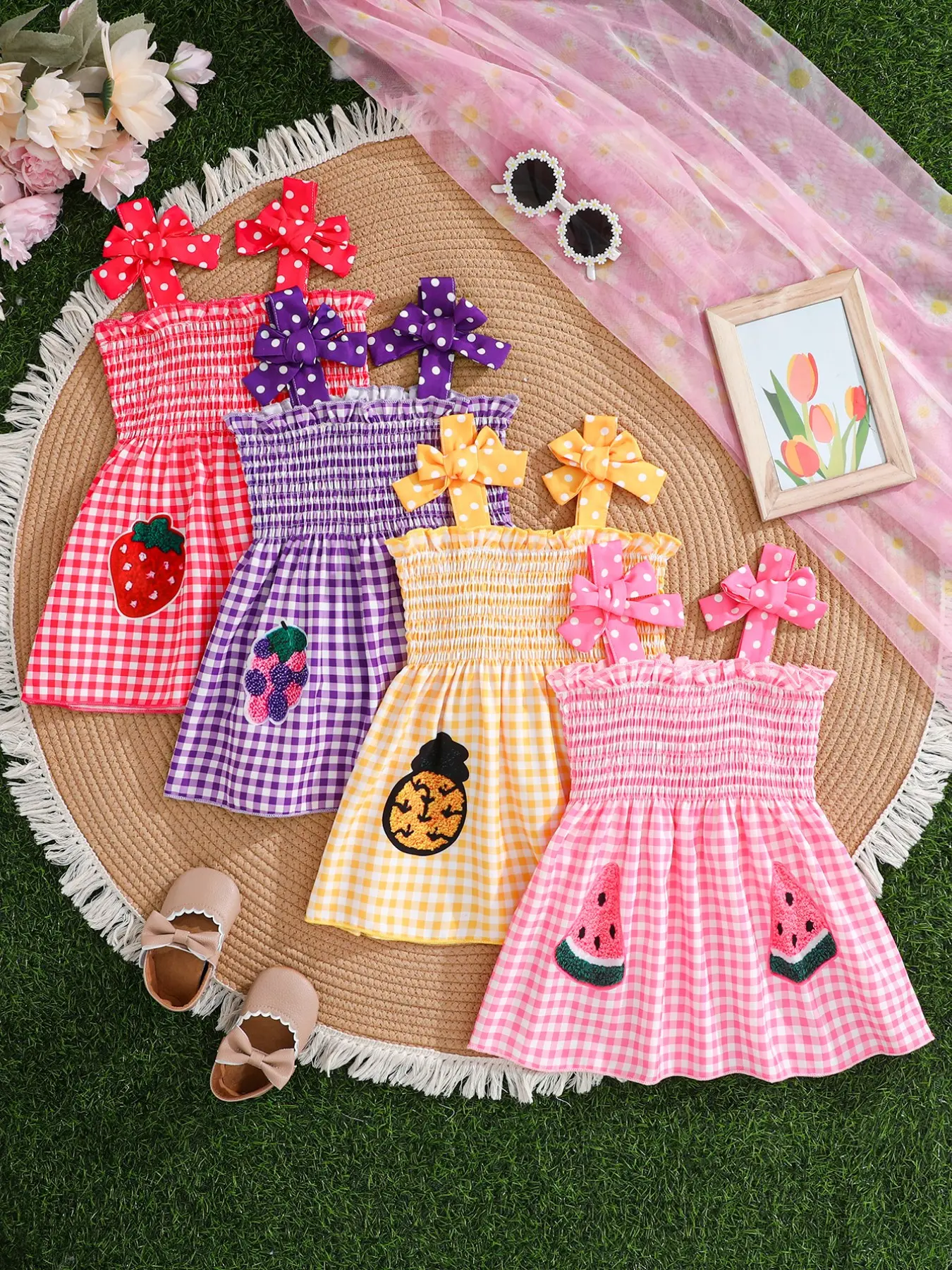 4-Piece Girls' Summer Set, Plaid and Fruit Print, Bow Shoulder Straps, Cute and Sweet Dress, Versatile Clothing for Kids, Summer Outfits Set