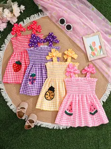 4-Piece Girls' Summer Set, Plaid and Fruit Print, Bow Shoulder Straps, Cute and Sweet Dress, Versatile Clothing for Kids, Summer Clothes Set