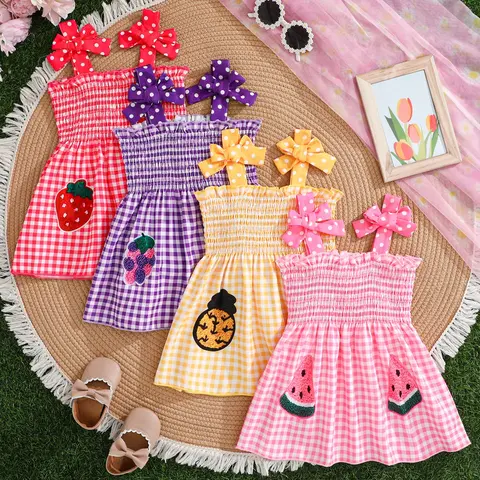 Halloween Pumpkin Ghost Dress, Christmas Snowman Reindeer Pattern Baby Girl Clothes, Plaid Fruit Print Bow Shoulder Strap Cute Sweet Dress, Lovely Bow Dress