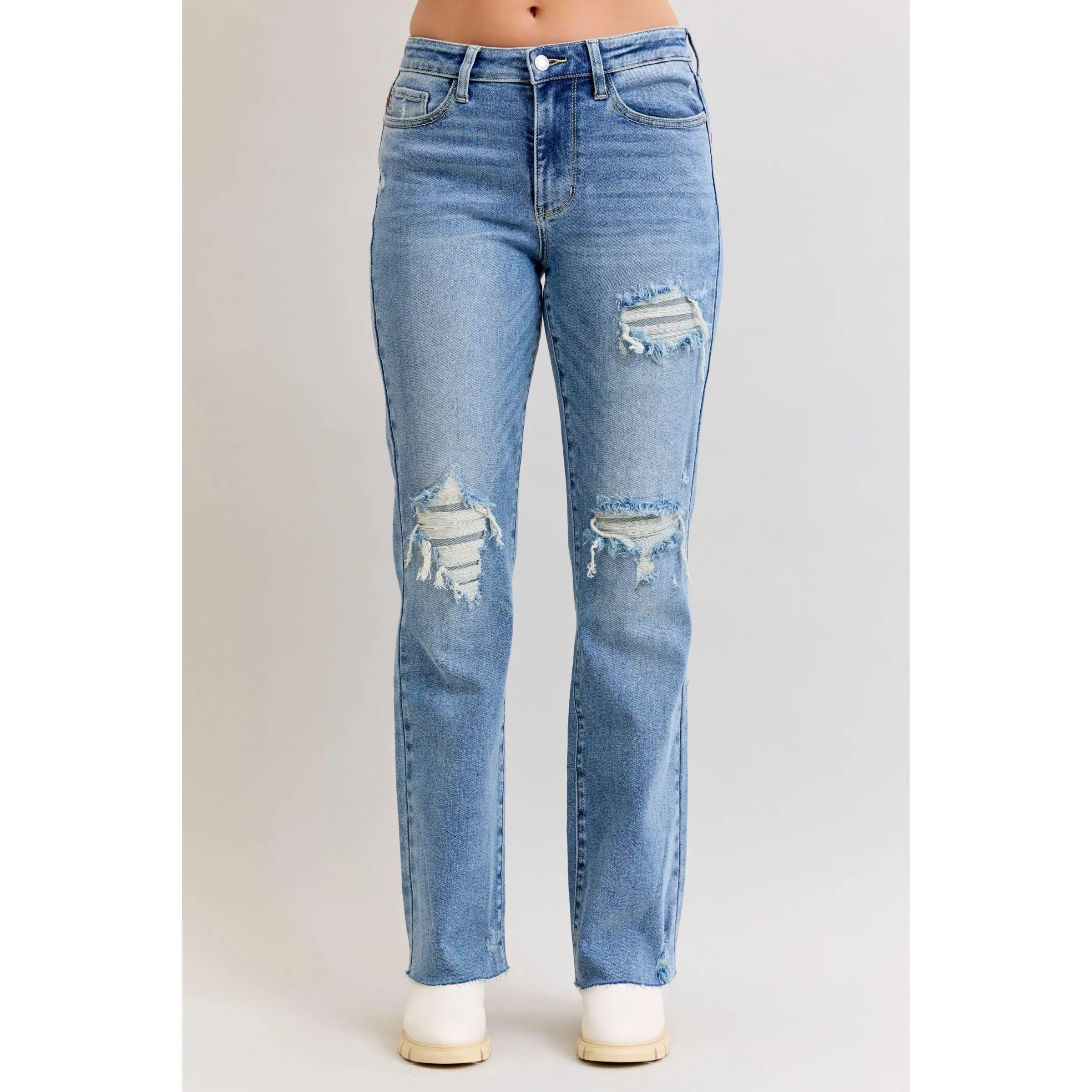 Judy Blue Women's 90's Mid Rise Straight Leg Jeans - Stretchy Ripped Cotton Denim with Retro Style (JB881010), Ripped Jeans, 90S Fine, Grunge Aesthetic, Comfy Ootd, Plus Size Basics, Simple Fits, Elastane, Washed, Outfits, Spandex, Everyday, Bottoms, Stra