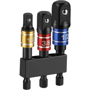 3 count  Socket Adapter Set, 1/4-Inch Hex Shank, Chrome Vanadium Steel Drill Extension Bar, Includes 1/4in, 3/8in, and 1/2in Drive Socket Adapters with Storage Holder