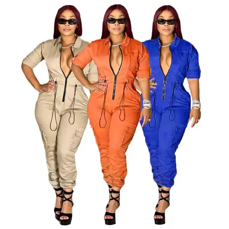 Women’s Cargo Jumpsuit - Multi Pocket, Waist Wrapped, Woven Design, One Piece, Available in Beige, Orange & Blue - Womenswear, Rompers