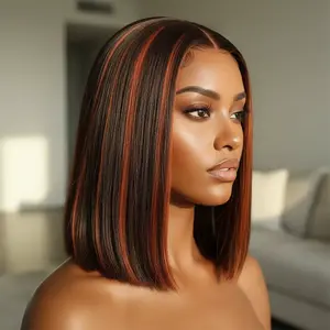 13X4 P4/350 Hightlight Short Bob Wig Ginger Orange Brown Bob Wig 350# Colored HD Lace Front Wig 100% Brazilian Real Human Hair Wigs For Women Super Double Drawn Bone Straight Lace Frontal Wig 180 Density Pre Plucked