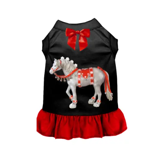 Christmas Horse Dress - Dog Dress with Red Bow, Black and Red Trim, Sleeveless Design, Cute Horse and Rider Illustration