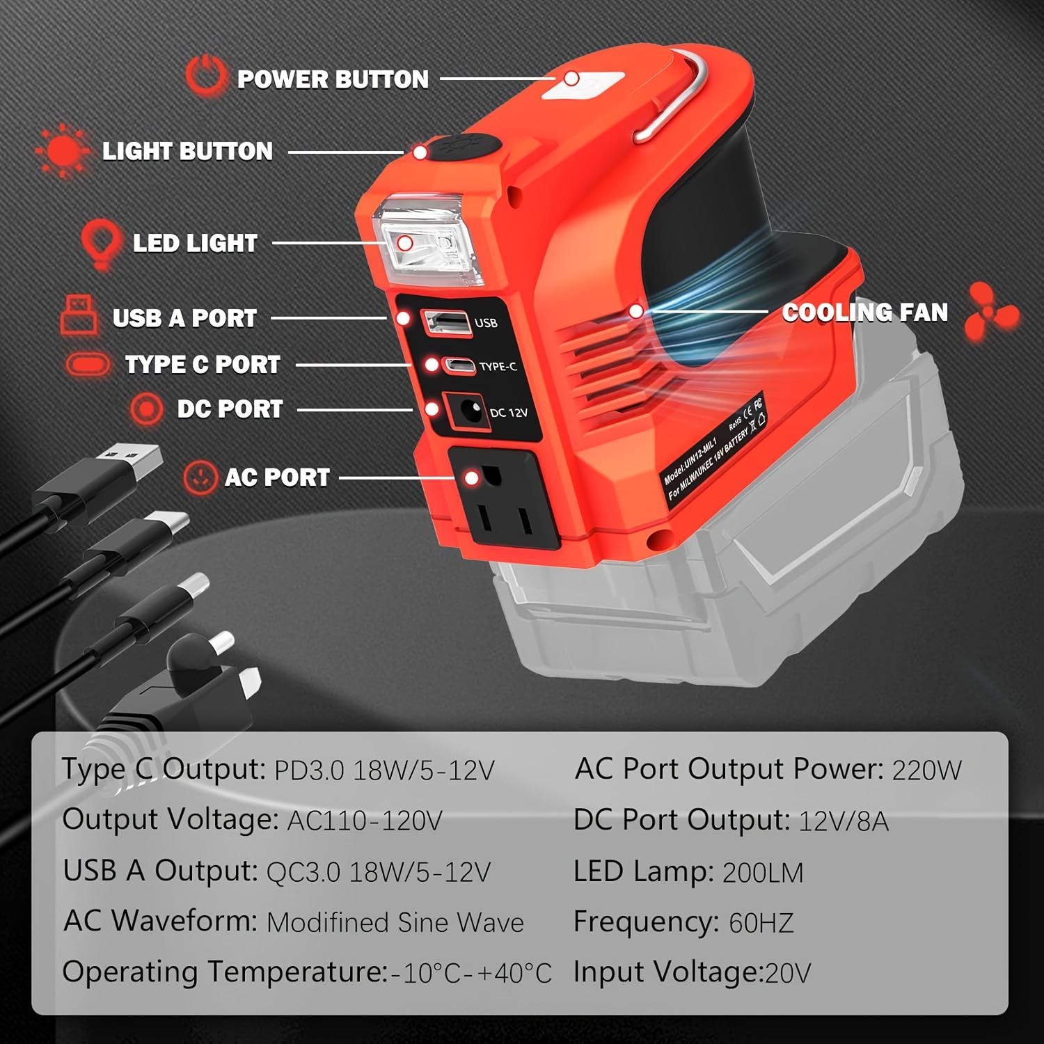 220W Power Inverter For Milwaukee 18V Battery, Portable Power Supply Convert - DC 18V To 110V-120V Battery Powered Outlet With USB-B & USB-C & 12V DC & 220W AC Output With LED Light
