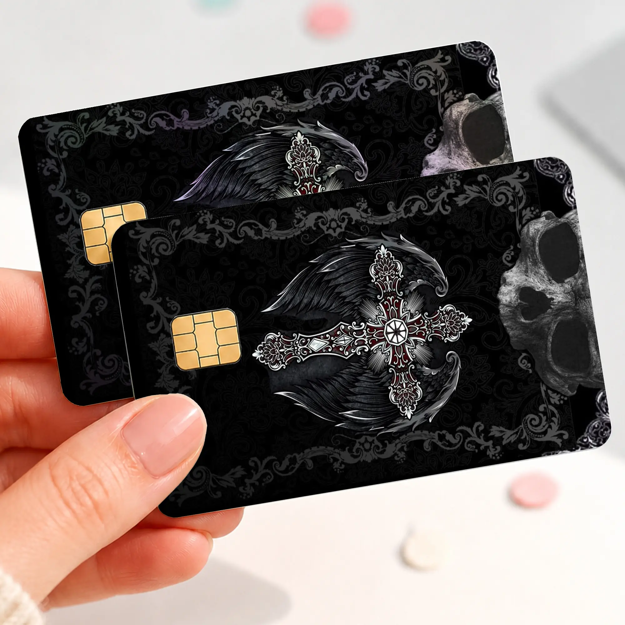 Gothic Raven Cross Credit Card Skin Sticker, Black Wing Skull Debit Card Cover, Dark Baroque Bank Card Decal, Occult Fantasy Card Wrap Gift
