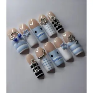 Cute Baby Blue Domo Style Press On Nails, Soft Blue Domo Edgy 3d Nail Set
